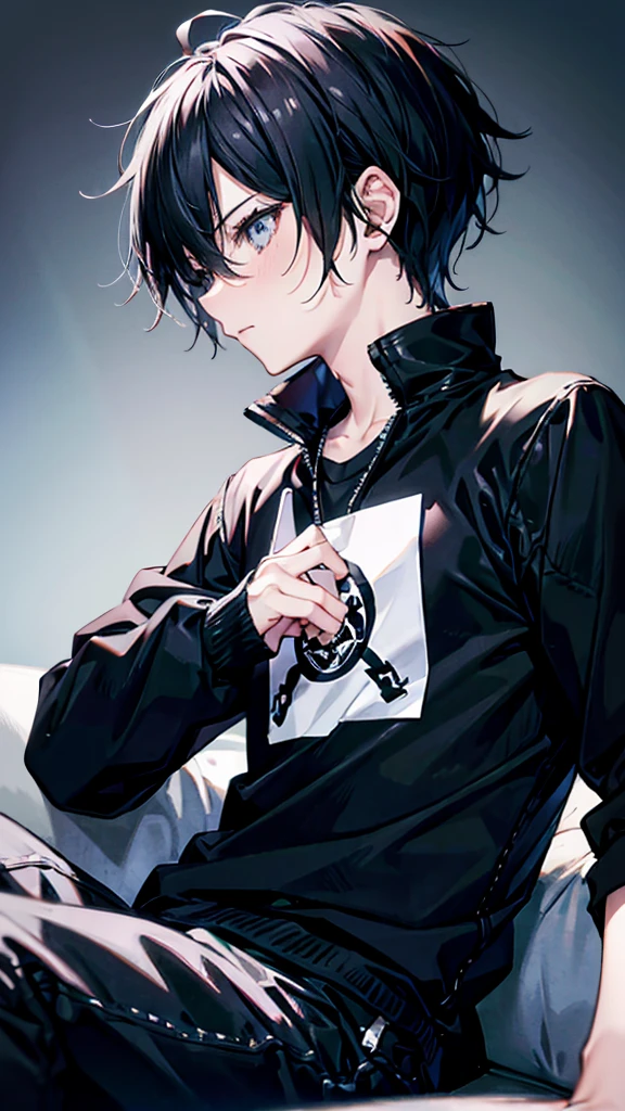 profile background, anime boy, serious face, black hair, grey eyes, detailed eyes and face, black shirt with a kanji in the middle, sitting on the sofa, in the living room, high-res portrait, character, fantasy, 4K, high resolution