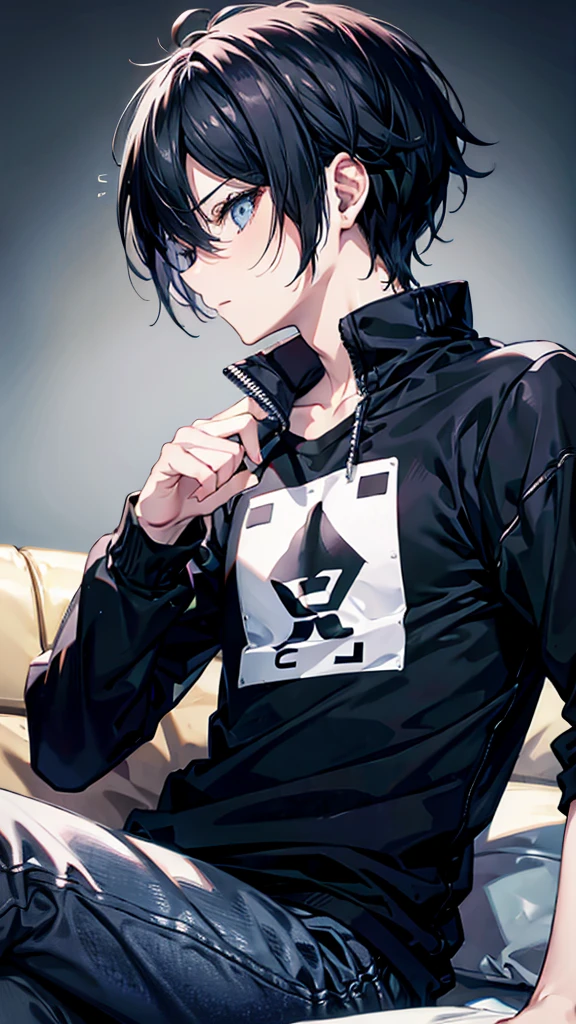 profile background, anime boy, serious face, black hair, grey eyes, detailed eyes and face, black shirt with a kanji in the middle, sitting on the sofa, in the living room, high-res portrait, character, fantasy, 4K, high resolution