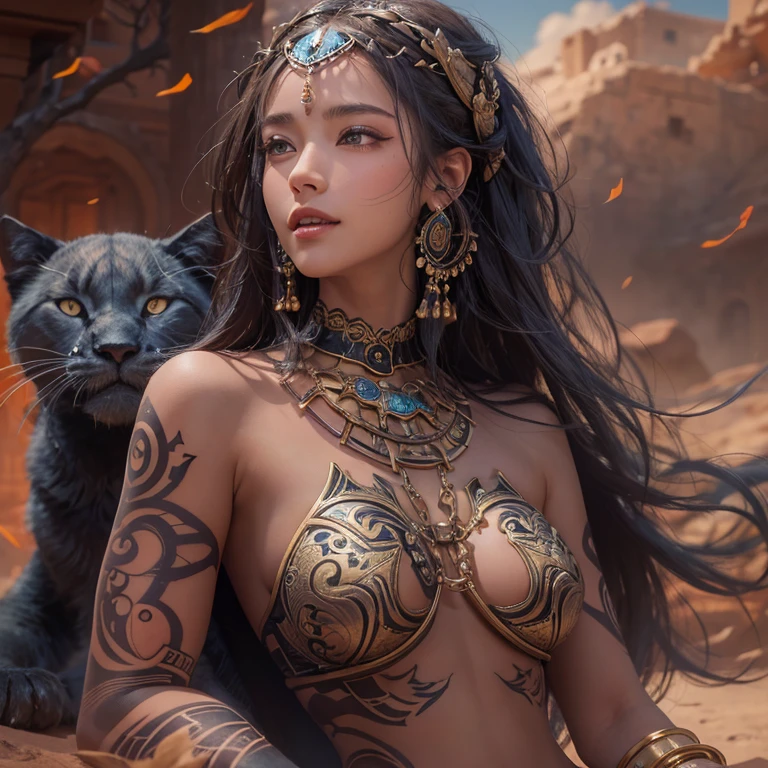 Hiding in the desert、Hair flow、 ((Highest quality、masterpiece、8K、Best image quality、Ultra-high resolution、Award-winning works)、(Accurate anatomy:1.1)、(Look at me and smile:1.1)、Shining fair skin with Ultra-high resolution、The most detailed face、Ultra-high resolution detailed face、Ultra-high resolutionの髪の毛、(Ultra-high resolutionの煌めく瞳:1.1)、Beautiful face drawn in every detail、(Blurred Background:1.1)、Ancient Islamic clothing, Chest to chest, tattoo, Old ruins in the background、Sitting black panther