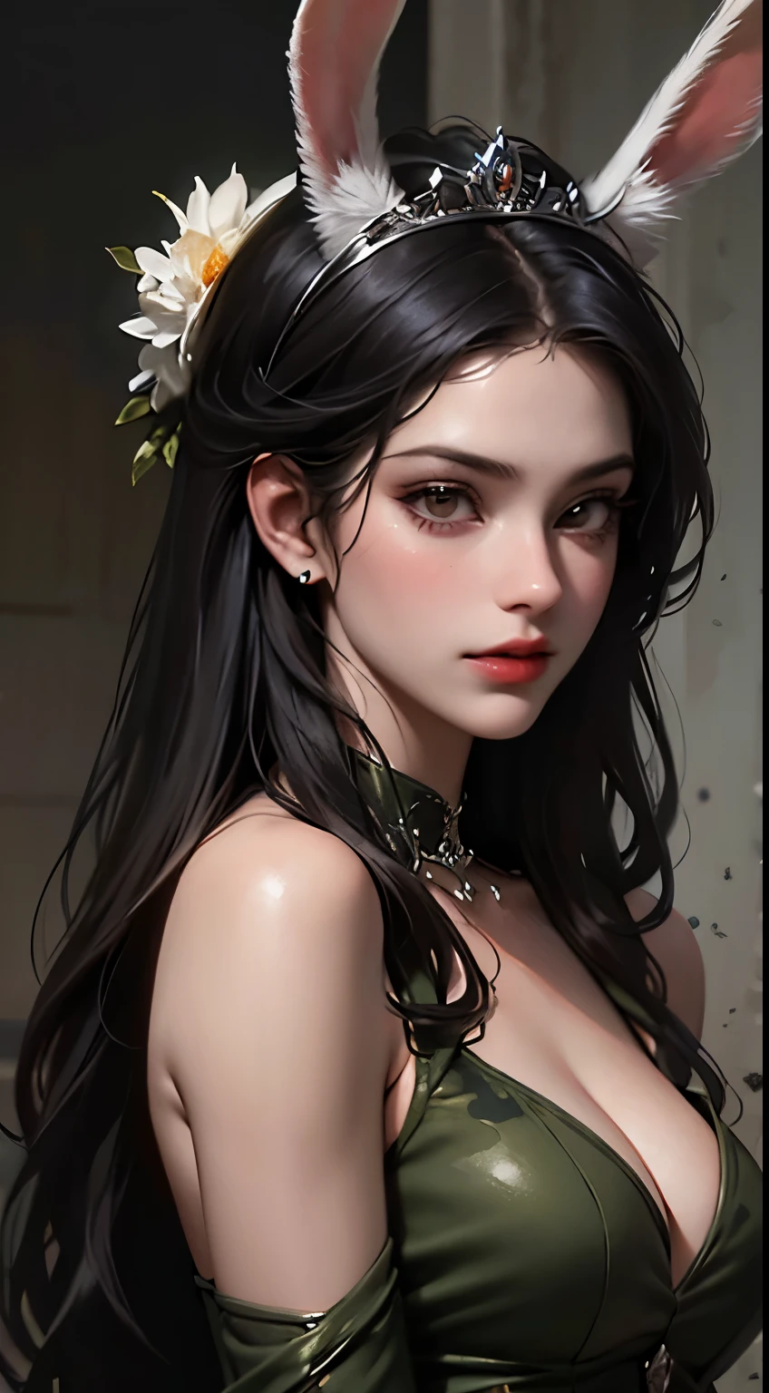 uma obra-prima, Melhor qualidade, woman wearing a gray militar camouflage dress,rabbit ears tiara,Druuna,fake eyelashes,fleshy lips,looking to observer, little smile,light gray pantyhose,Paolo Serpieri Arte, Luis Royo Arte, milo manara arte, Bernie Wrightson arte, SCENARIO florish florest background
