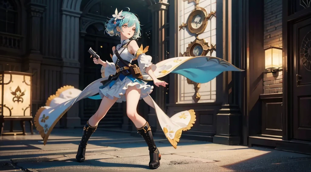 Octane Render、(Hyper-detailing: 1.15)、cinematic lightening、Cute Fantasy Princess、Handgun shooting practice、Fine Pattern Pistol,long boots、ultradetailed eyes、Full Paint、（Floral hair ornament、butterfly hair ornament）、masutepiece、Anatomically correct、blur、depth of fields
