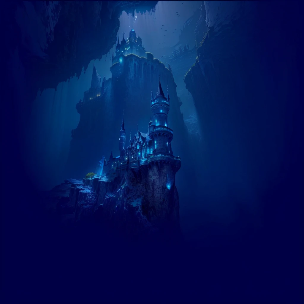uhd, masterpiece, anatomically correct, textured skin, super detail, high details, high quality, best quality, highres,16K, vivid,Complex intricate details,Very refined depth of field,Photorealism,Professional Lighting,There is a castle in the middle of the deep blue ocean, deep sea landscape, Underwater Edinburgh Castle, seabed temple, Underwater city, a dark underwater scene, an Underwater city, Deep under the sea, Underwater scenery, A huge floating castle, Under the Deep Sea, Deep under the sea scene, 夜间在seabed, seabed environment, seabed