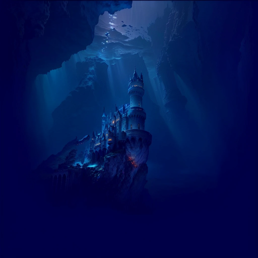 uhd, masterpiece, anatomically correct, textured skin, super detail, high details, high quality, best quality, highres,16K, vivid,Complex intricate details,Very refined depth of field,Photorealism,Professional Lighting,There is a castle in the middle of the deep blue ocean, deep sea landscape, Underwater Edinburgh Castle, seabed temple, Underwater city, a dark underwater scene, an Underwater city, Deep under the sea, Underwater scenery, A huge floating castle, Under the Deep Sea, Deep under the sea scene, 夜间在seabed, seabed environment, seabed