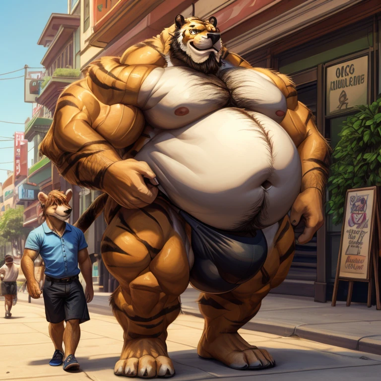 ((Masterpiece)),((Hight quality)),((Hught Detailed)),((Realistic,)) Anime Artistic masterpiece art, Morbid Obese Tiger kid while Anatomy of character, Hyper obese Furry character, Long shot photo, Real life (Massive, hairy) Obese citizen (massive obese, hairy, incredibly big looking), Anatomy of character, He is a fattening animal in which he has spent his entire life really fattening up for a fat contest, He is a boy who is a thong seller walking the streets showing his product, huge crotch, big bulge, Real life, Obese black man, Handsome man, full body pic (massive obese, strong legs and arms, hairy, big looking) He is a gang member with his partner. The other Obese man (bulky, wide)  