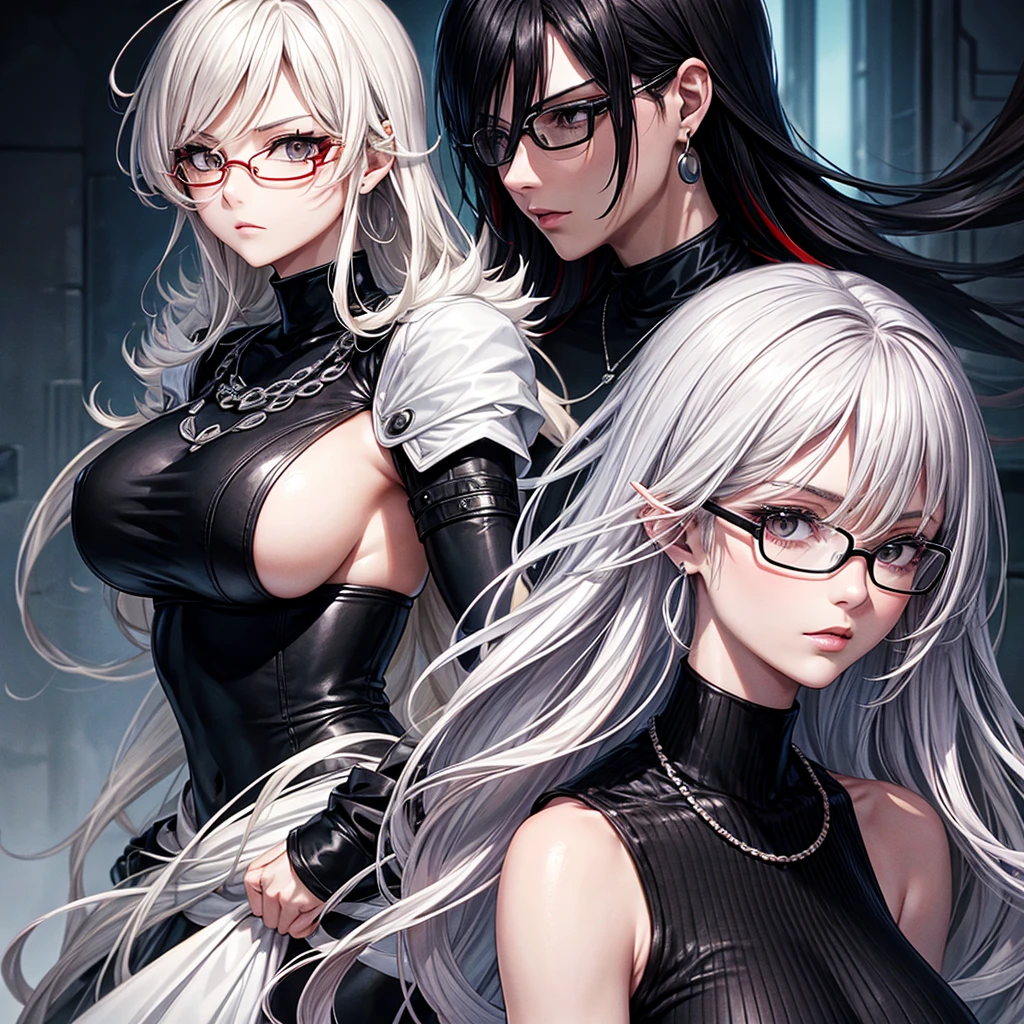 screenshot, screencap, Manga GL Style, facial features of an adult, Black eyes, adult, female, White, She wears flat Oakley glasses, she has long wavy Black hair with Red streaks at the ends, she has a little eyeliner on her eyelashes, She wears accessories such as: earrings, necklaces all silver, she has a neutral expression, She wears a black polyester turtleneck. mature facial features, and big bust, face of mature woman, old woman