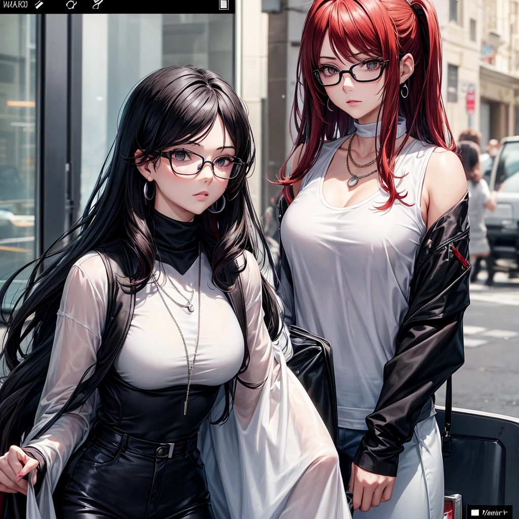 screenshot, screencap, Manga GL Style, facial features of an adult, Black eyes, adult, female, White, She wears flat Oakley glasses, she has long wavy Black hair with Red streaks at the ends, she has a little eyeliner on her eyelashes, She wears accessories such as: earrings, necklaces all silver, she has a neutral expression, She wears a black polyester turtleneck. mature facial features, and big bust, face of mature woman, old woman