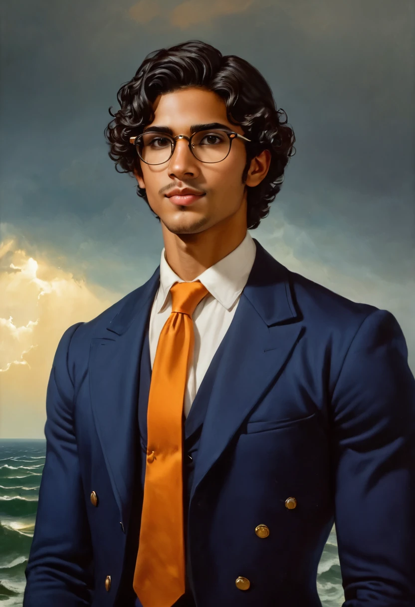 Image painting and photography, 1800's style portrait from side waist up, of a 25-year-old man, latino, short wavy black hair, small black eyes, Roman nose, small mouth thin lips, oval face, wears glasses, slender athletic toned body, tall, realistic soft tan skin, superb and arrogant look, looks straight at the camera, the navy blue jacket dress, Orange tie, white shirt, holds a gold coin, window background to see h storm lighthouse in a stormy day
