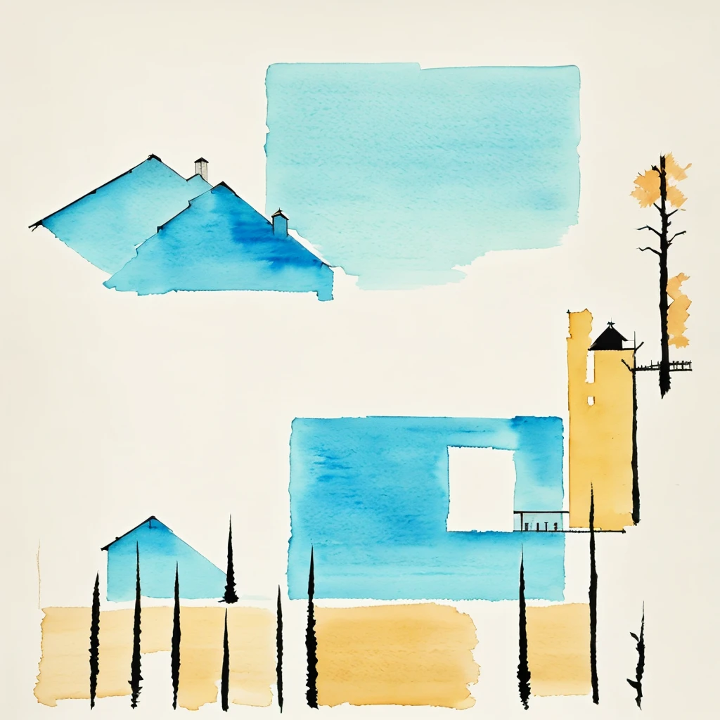 watercolor, minimalism, home with field, solid background with light blue, with phrase "A good home must be made, not bought"