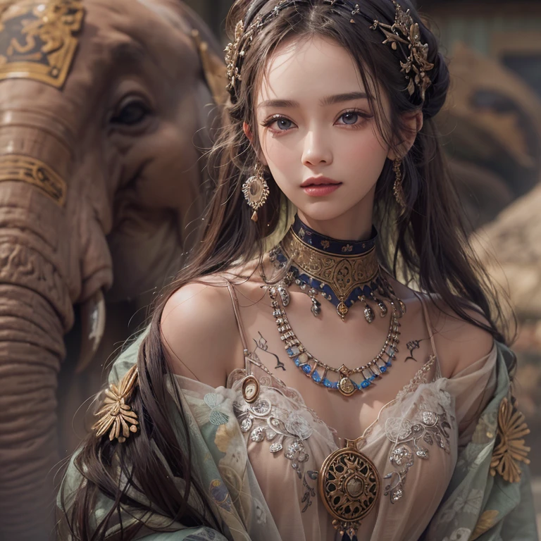 Hiding in the desert、Hair flow、 ((Highest quality、masterpiece、8K、Best image quality、Ultra-high resolution、Award-winning works)、(Accurate anatomy:1.1)、(Look at me and smile:1.1)、Shining fair skin with Ultra-high resolution、The most detailed face、Ultra-high resolution detailed face、Ultra-high resolution hair、(Ultra-high resolutionのeyes :1.1)、Beautiful face drawn in every detail、(Blurred Background:1.1)、Ancient Islamic clothing, Chest to chest, tattoo, Old ruins in the background、Decorated elephant