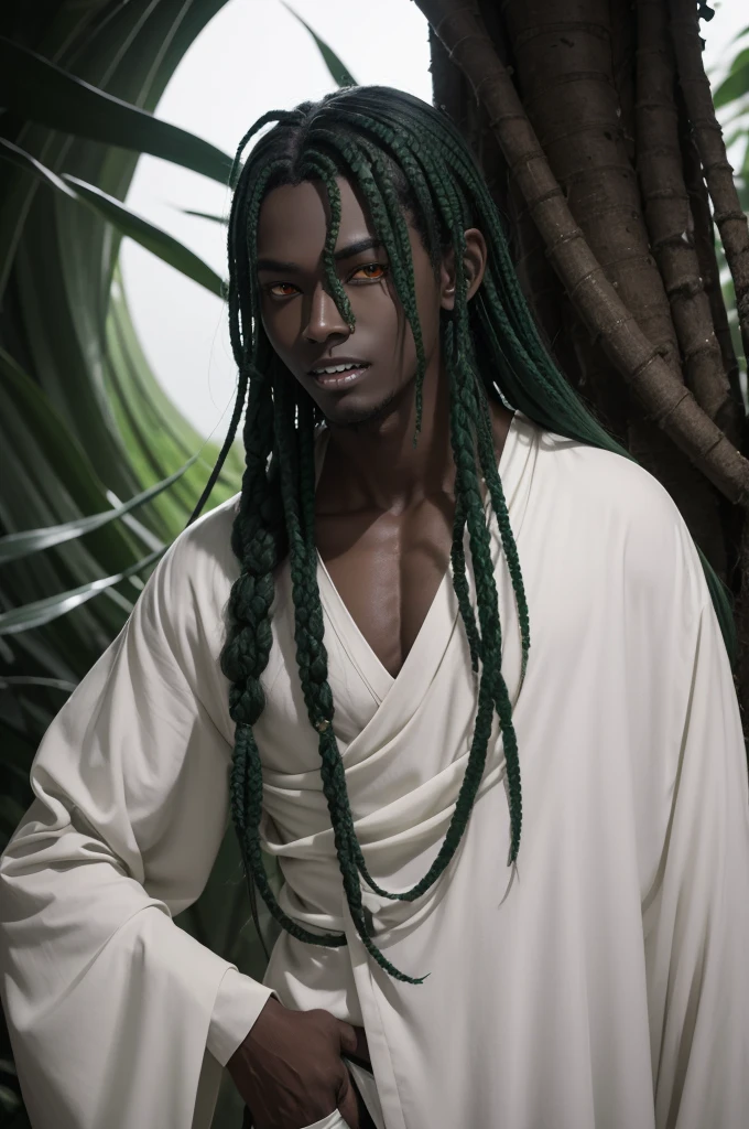 Man, dark skin, gorgon, dark green hair, white clothes, harem pants, black sclera, light gray eye, sharp teeth