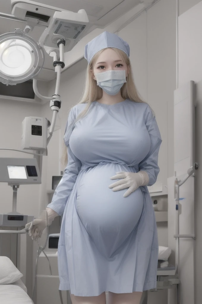 score_9, score_8_up, score_7_up, masterpiece, highest quality, kasuganoray, pale skin, long hair, shy eyes, big breasts, surgical mask, surgical cap, long sleeve maternity dress, seamless,
1 girl, pregnant, solo, rubber gloves, frown, standing, in one hospital, hospital bed,