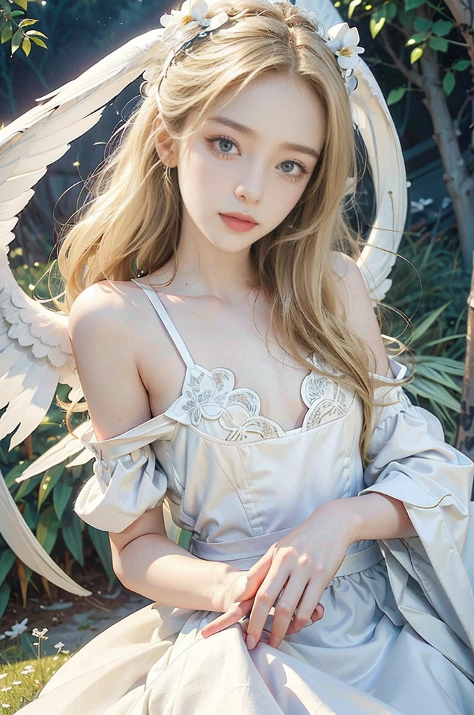 (((best quality))), (((ultra detailed))), (((masterpiece))), illustration,((1 beautiful little girl,solo,angel)),((fair skin,shoulder length straight blonde hair,blue eyes)),((slim,thin,small breasts,flat chest)),joyful expression,(white wings:1.3),(flowing short-sleeved white shirt-dress:1.3),In heaven, garden setting, vibrant flowers, lush grass, gentle breeze, clear sky, fluffy clouds, shining sun,from front