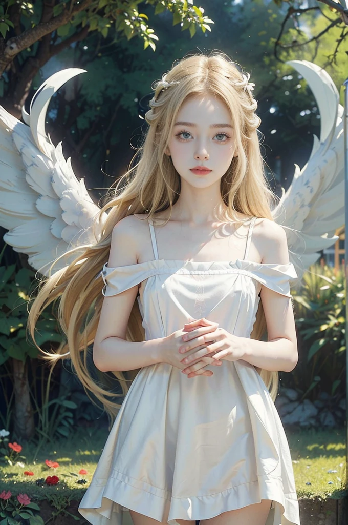 (((best quality))), (((ultra detailed))), (((masterpiece))), illustration,((1 beautiful little girl,solo,angel)),((fair skin,shoulder length straight blonde hair,blue eyes)),((slim,thin,small breasts,flat chest)),joyful expression,(white wings:1.3),(flowing short-sleeved white shirt-dress:1.3),In heaven, garden setting, vibrant flowers, lush grass, gentle breeze, clear sky, fluffy clouds, shining sun,from front