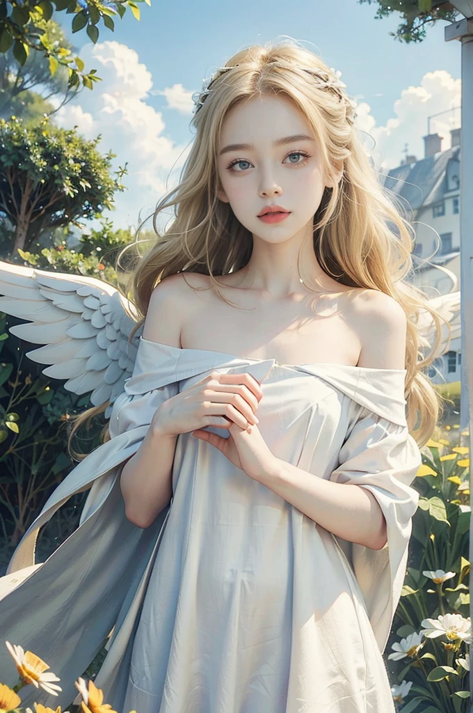 (((best quality))), (((ultra detailed))), (((masterpiece))), illustration,((1 beautiful little girl,solo,angel)),((fair skin,shoulder length straight blonde hair,blue eyes)),((slim,thin,small breasts,flat chest)),joyful expression,(white wings:1.3),(flowing short-sleeved white shirt-dress:1.3),In heaven, garden setting, vibrant flowers, lush grass, gentle breeze, clear sky, fluffy clouds, shining sun,from front