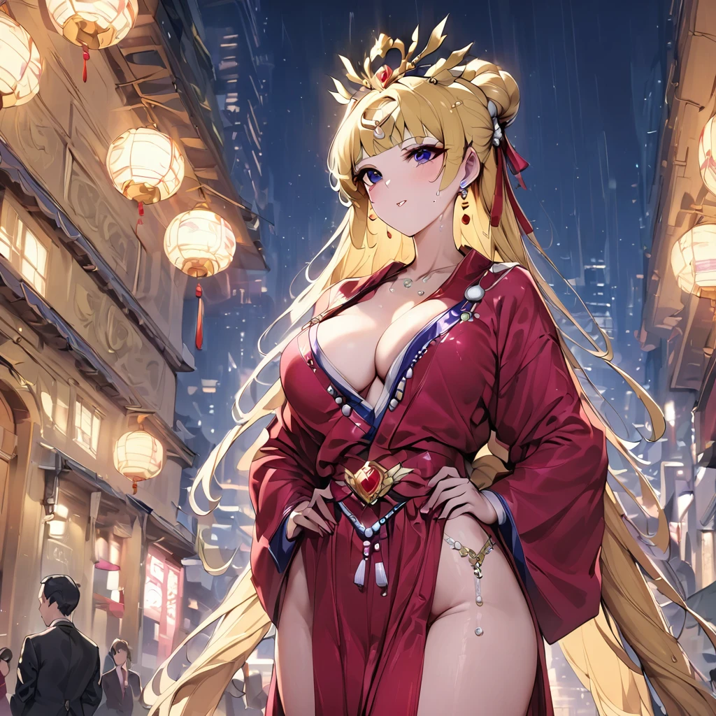 ((Highest quality)), ((masterpiece)), (detailed), (Perfect Face)、The woman is Empress Tsukino Usagi, wearing a gorgeous and glittering red Hanfu, luxurious jeweled accessories, and a Phoenix crown, with her long blonde hair tied in a chignon.