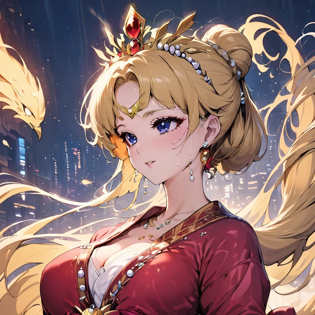 ((Highest quality)), ((masterpiece)), (detailed), （Perfect Face）、The woman is Empress Tsukino Usagi, wearing a gorgeous and glittering red Hanfu, luxurious jeweled accessories, and a Phoenix crown, with her long blonde hair tied in a chignon.