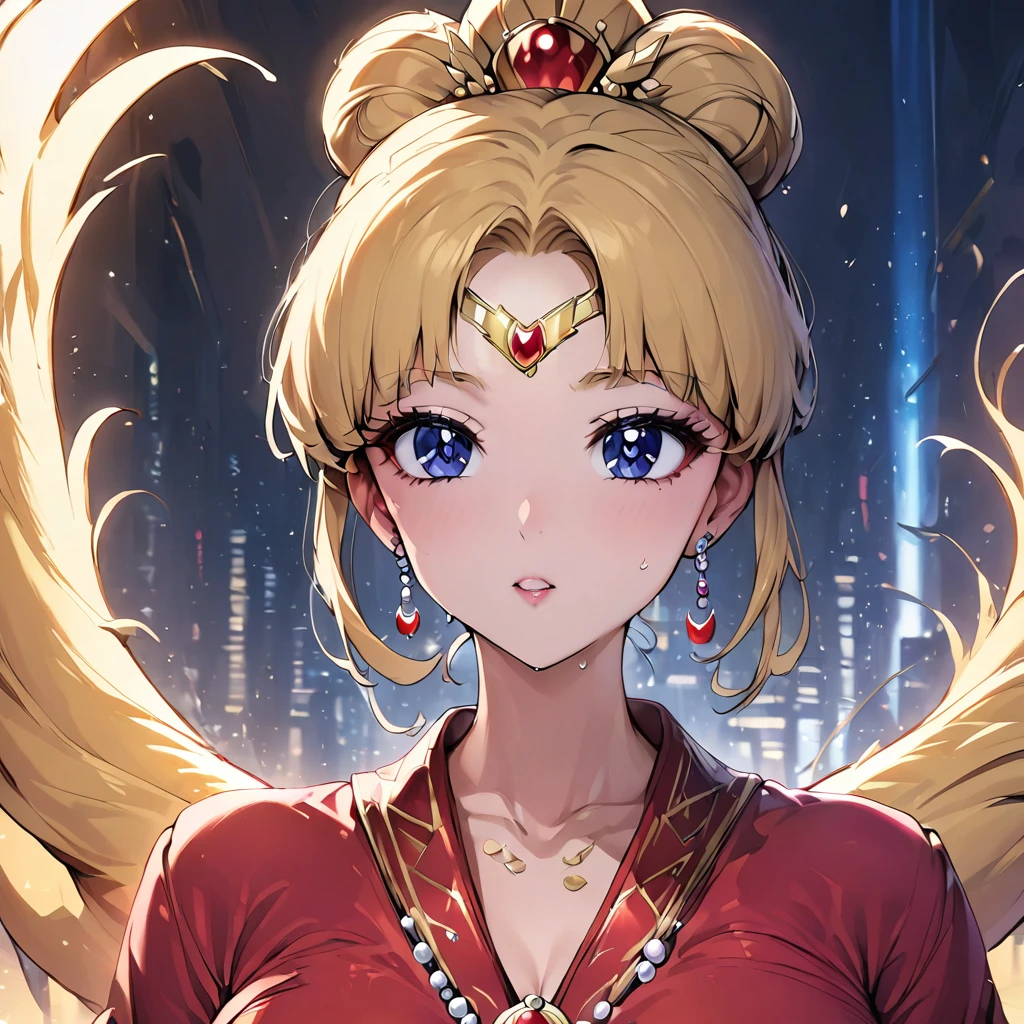 ((Highest quality)), ((masterpiece)), (detailed), （Perfect Face）、The woman is Empress Tsukino Usagi, wearing a gorgeous and glittering red Hanfu, luxurious jeweled accessories, and a Phoenix crown, with her long blonde hair tied in a chignon.