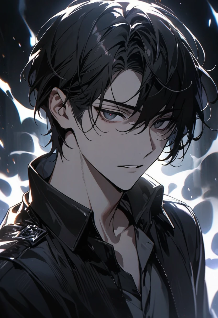 Man, short hair, black hair, black eyes, glowings eyes, black aura, white aura, handsome, high quality,