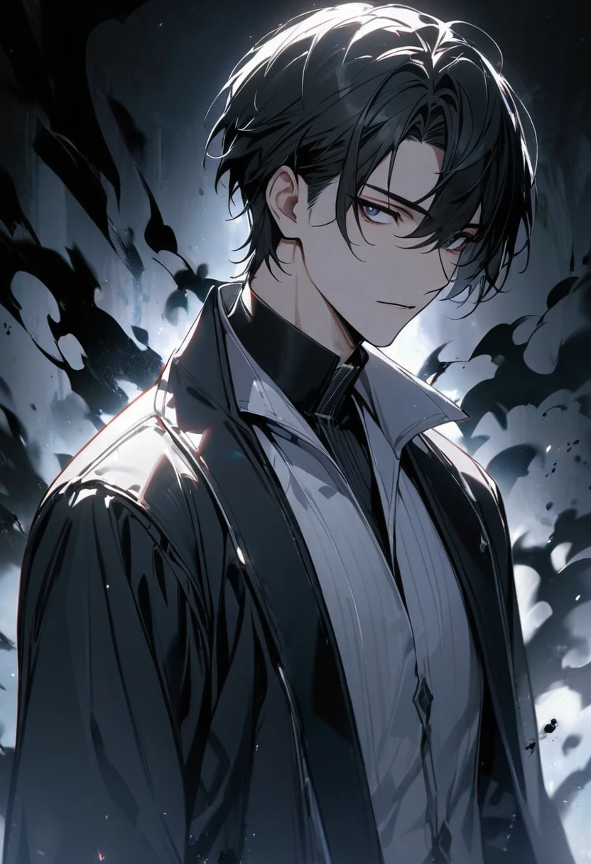 Man, short hair, black hair, black eyes, glowings eyes, black aura, white aura, handsome, high quality,