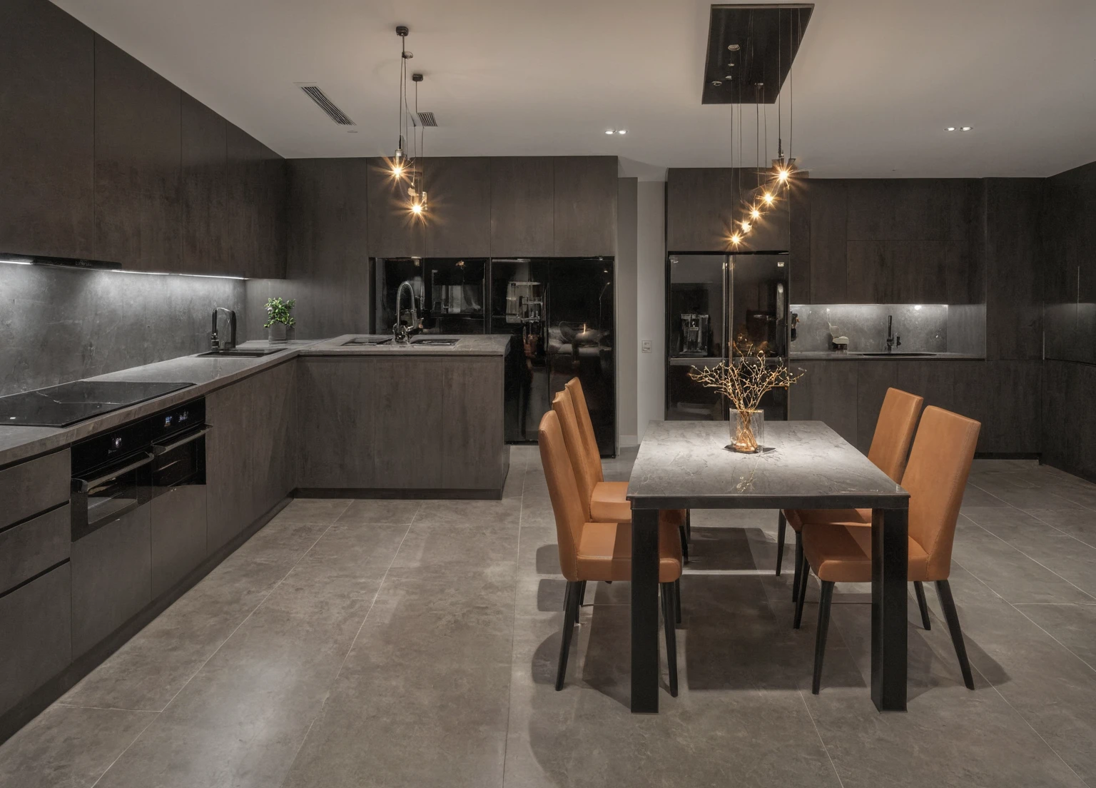 Modern kitchen, faucet, kitchen cabinets, kitchen shelves, dining table, electric stove, gas stove, deodorizer, decorative lights, leb
