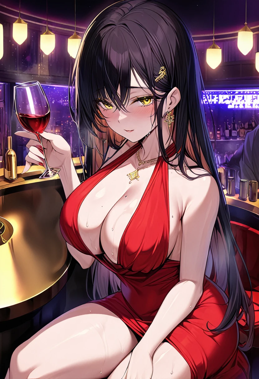 Adult female, milf, busty, hidden hourglass figure, sexy red dress, messy and long black hair, golden yellow irises, defined black pupils, seductive, blushing, casino, drinking wine at bar, sitting at bar, night, perfect eyes, highly detailed, best detail, high quality
