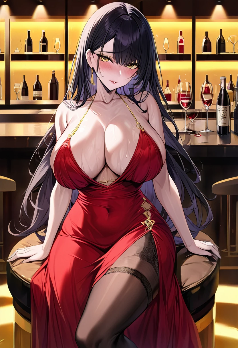 Adult female, milf, busty, hidden hourglass figure, sexy red dress, messy and long black hair, golden yellow irises, defined black pupils, seductive, blushing, casino, drinking wine at bar, sitting at bar, night, perfect eyes, highly detailed, best detail, high quality