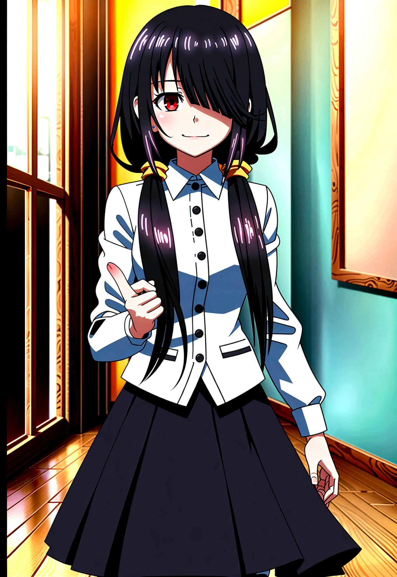 ultra-detailed,highly detailed,best quality,masterpiece,illustration,realistic, photo,photorealistic,
1girl, tokisaki kurumi,cosplay,hair over one eye, looking at viewer, happy girl,low twintails,
, blazer, collared shirt, neck ribbon, pleated skirt, pantyhose, hair rings, loafers,
indoors, walking, stairwell, 
