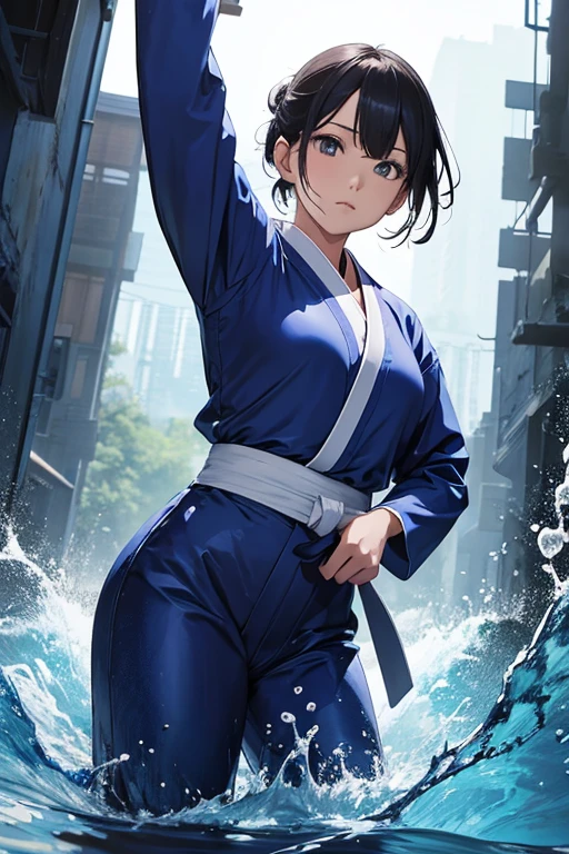 woman japanese clothing blue long pants karate, strong water power