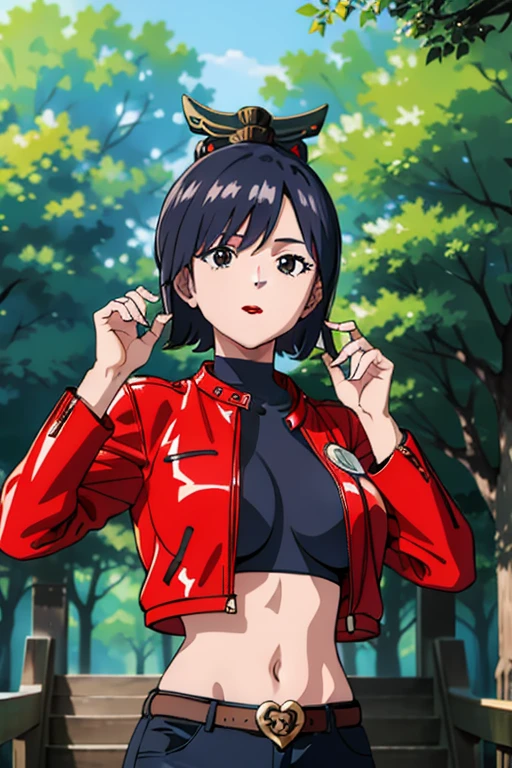 mikictr, 1girl, solo, black eyes, closed mouth, lipstick, large breasts, red jacket, cropped jacket, long sleeves, open jacket, crop top, midriff, navel, upper body, standing, belt, blue short shorts, tree, forest, shinto temple 