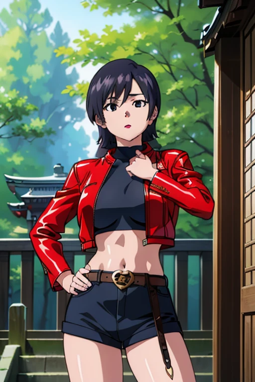 mikictr, 1girl, solo, black eyes, closed mouth, lipstick, large breasts, red jacket, cropped jacket, long sleeves, open jacket, crop top, midriff, navel, upper body, standing, belt, blue short shorts, tree, forest, shinto temple 