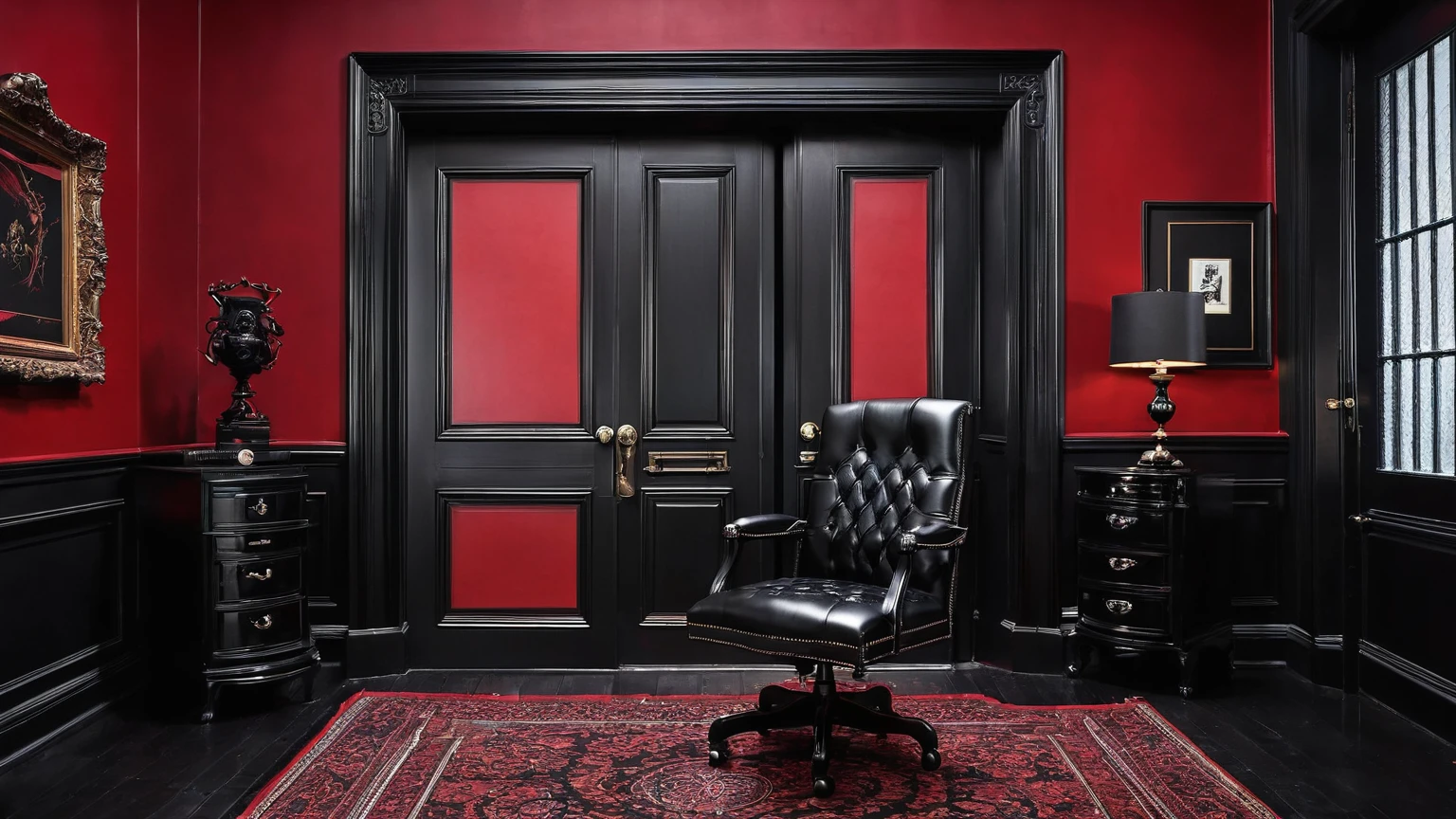 office with black office desk, black office chair, black door, red and black walls, gothic themed, traditional, background