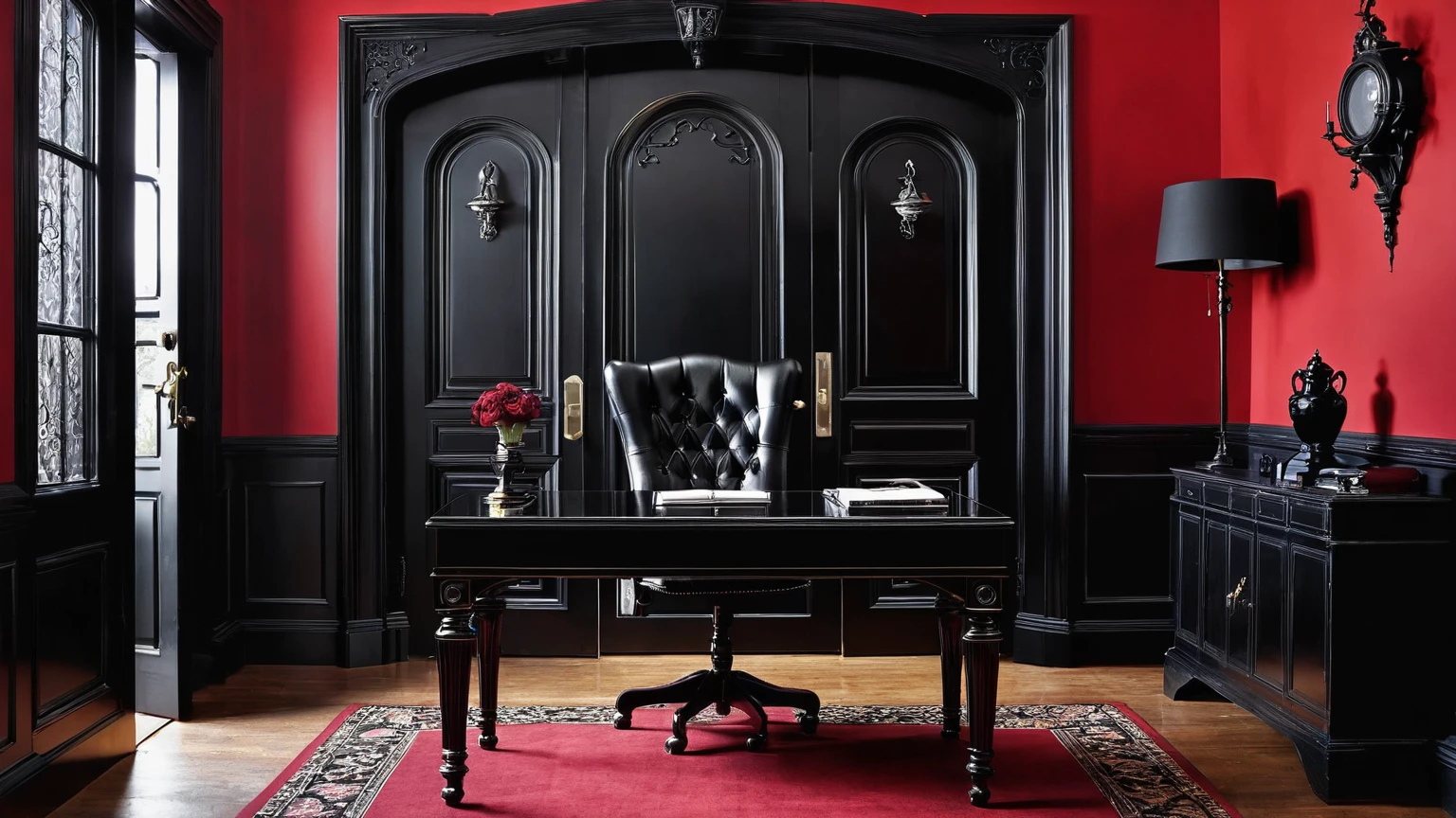 office with black office desk, black office chair, black door, red and black walls, gothic themed, traditional, background