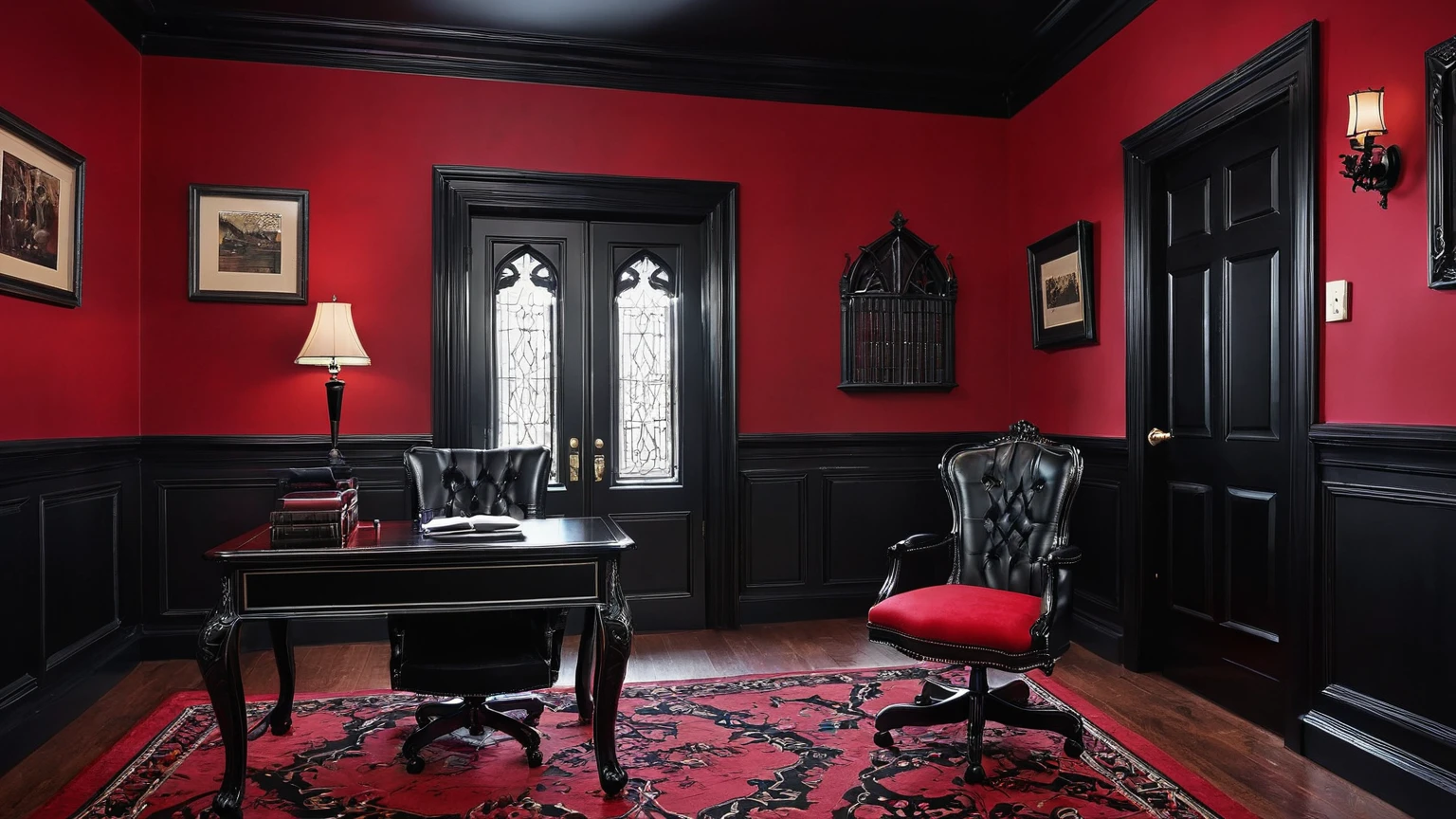 office with black office desk, black office chair, black door, red and black walls, gothic themed, traditional, background
