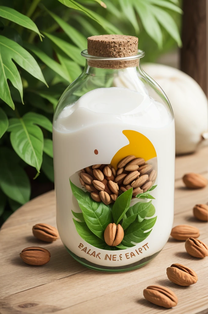 @Playground-v2.5 Design a bottle in the shape of a very happy, nature-friendly cow. A clear glass bottle filled with plant-based milk, colors representing nature and the planet.on desk (almonds, walnuts and chestnuts and coconut).