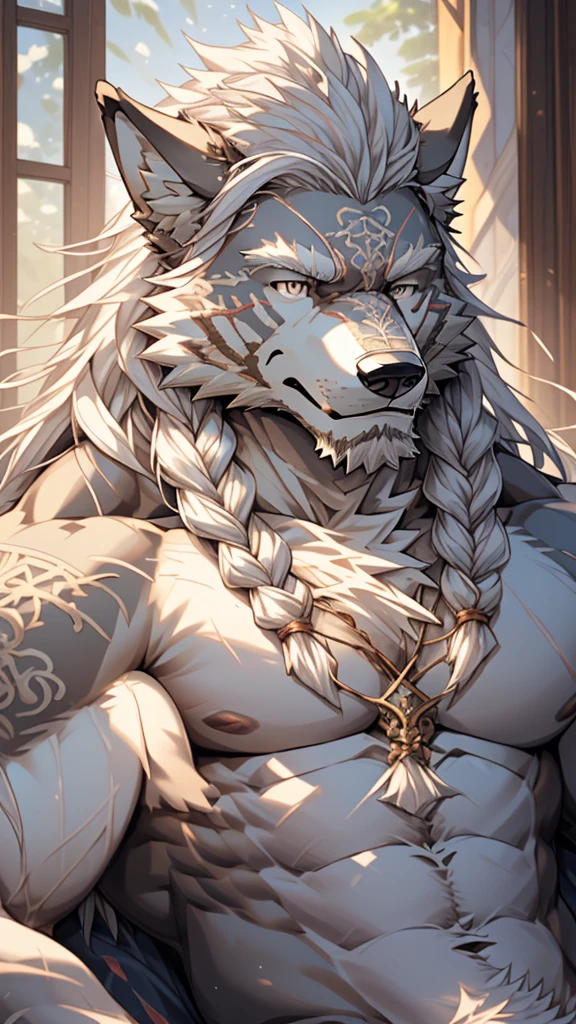 (masterpiece),(highres),(intricate details:1.4),extremely detailed,(illustration:1.2),8k,photorealistic,Anime headshot,exquisite,solo,aged,elder male wolf,grey fur,muscular,general,(naked upper body:1.4),(white hair:1.3),long hair,braided hair,long white beard,scar,naked,on the bed ,relaxed face