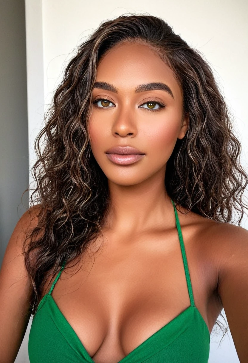 (selfie, vista superior: 1,4), (metade reta do corpo: 1,4), foto de retrato RAW UHD, a beautiful woman, beautiful Latin face, Brazilian supermodel, stunning, stunning beauty, Angolan descent, most beautiful woman in the world, jaw-dropping beauty, young adult 30 years old, She has an exotic beauty, native Brazilian, tall woman, a stunning black African woman, with indigenous features, beautiful indigenous girl, ((An indigenous African girl with European ebony)), ((her beauty is undeniable)), beautiful young ebony girl with dark skin, tanned Mexican. *hair: Curly black hair with brown highlights, Voluminous black hair with brown highlights, vibrant and dynamic cut with soft waves. *eyes: green and expressive eyes, beautiful green eyes, realistic green eyes, detailed green eyes, ultra realistic, symmetrical, hyper realistic, (eyeliner, long eyelashes), intense and penetrating look, seductive, mysterious and charming look, look at it magnetism, attraction and fascination. * Eyebrows: Perfect eyebrows that arch gracefully above the eyes and are thick. * the nose is small and proportional to the face and the soft contour of the face that accentuates the high cheekbones. *Mouth: Attractive and irresistible mouth, well-defined lips, full lips, voluminous lips, seductive lips, captivating, striking, unforgettable, mischievous, sexy, your features are captivating, seductive expression, a seductive smile is enigmatic *Face shape: O the face is oval, with high cheekbones and a well-defined chin, a beautiful and detailed face. *Makeup: Makeup is subtle, but highlights natural features. Skin Tone: Olive skin, with healthy and even glow, with olive skin, dark skin, sexy girl with dark skin, detailed skin texture, beautiful and glowing skin, intricate details, smooth skin, healthy and radiant appearance. *body: attractive and slim woman, medium bust, athletic, thin waist, wide hips, big butt, thick thighs, shapely legs. Selfie fotograph,((melhor qualidade)), ((Obra de arte)), ((re
