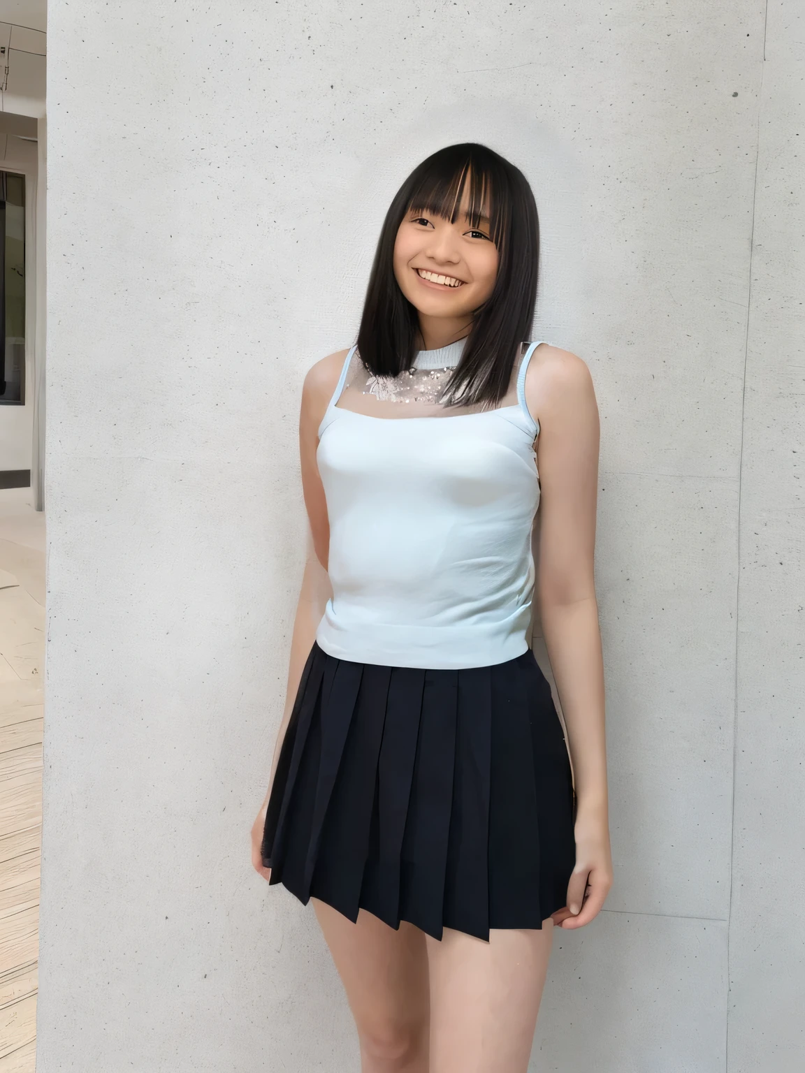Highest quality,Super detailed,One high school girl,Turn slightly to the side and look at me,Wearing a sleeveless white top,black pleated mini skirt,Posing for a photo