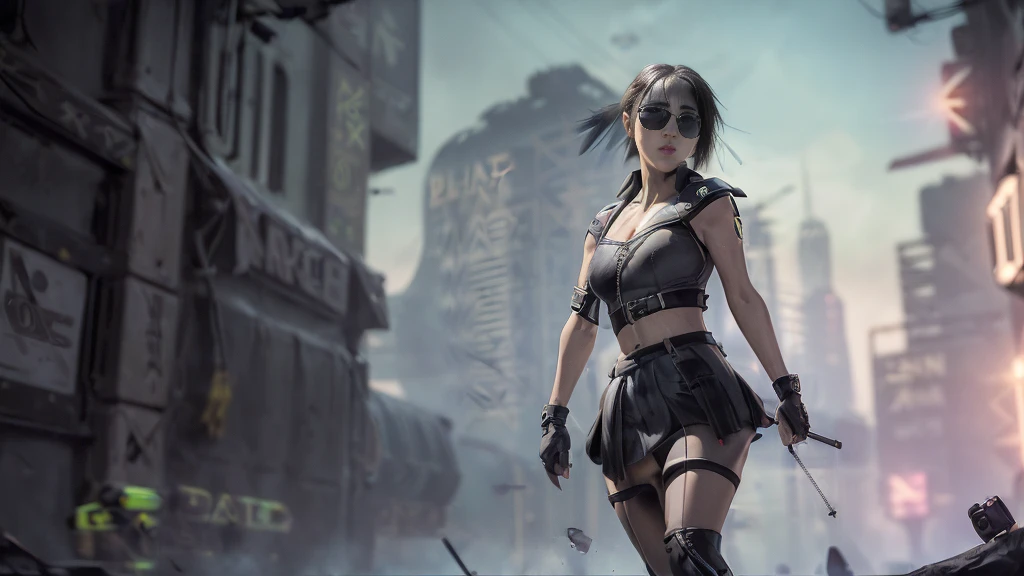 dark futuristic landscape, at night, neon lights, Atmospheric fog, large buildings in the background, futuristic city, busy streets with open shops, Ruined buildings, skyscraper (postapocalyptic city:1.3). at night, (((Matrix style cascading code))), (1woman, solo, perfect body), photo realistic, (large-breast:1.1 slim body, cleavage), (((tube top, extreamly short pleated (((((miniskirt))))) exposing panty))), (((((((matrix style black sunglasses))))))), (((((((sprinting with a (pistol), looking at camera))))))), (((half-body (thigh level) medium shot))), cinematic lighting.