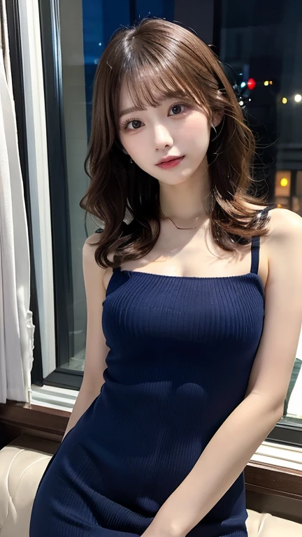 (masterpiece、high resolution、high quality、ultra high resolution、Delicate、8k)1 female、brown hair、long hair、curly hair、clear eyes、dense lips、shiny skin、slim、slender、Blue tight knit dress、beautiful breasts、Inside a love hotel、Window、full moon、night view、Light