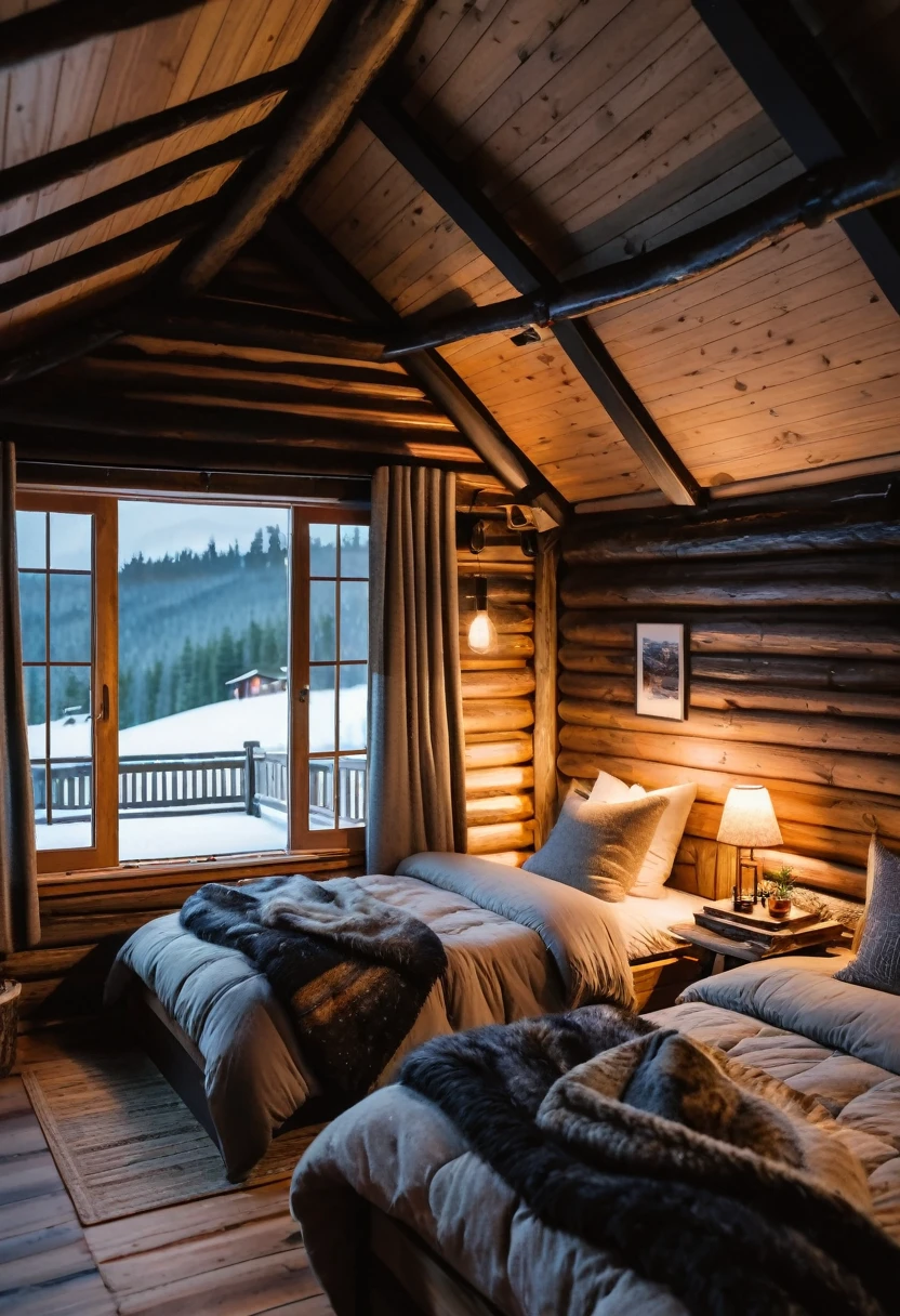 there is a bedroom with two beds and a fireplace in it, cozy place, cozy room, inside of a cabin, cozy and calm, in a cabin, cozy atmospheric, cosy atmoshpere, cozy and peaceful atmosphere, heavy winter aesthetics, very cozy, cosy vibes, cozy environment, cozy bed, cozy setting, soothing and cozy landscape, wood cabin in distance