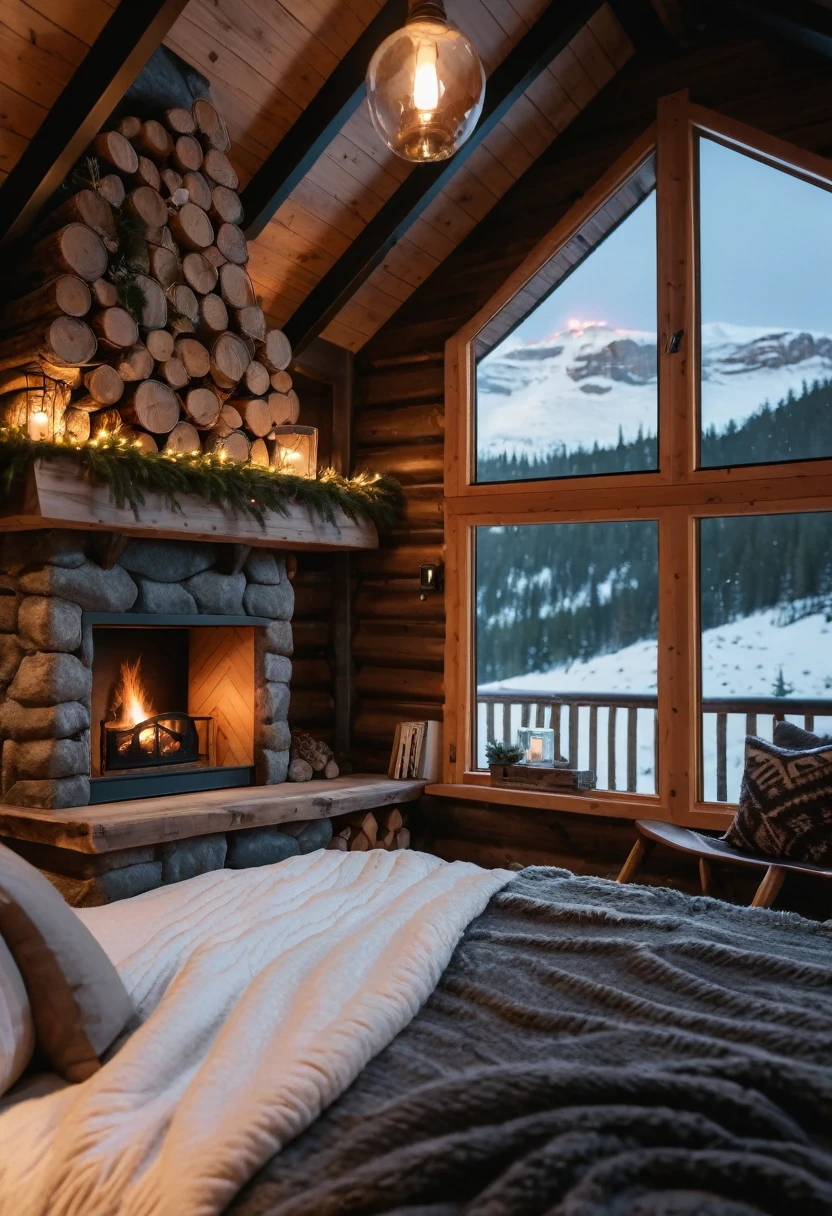 there is a bedroom with two beds and a fireplace in it, cozy place, cozy room, inside of a cabin, cozy and calm, in a cabin, cozy atmospheric, cosy atmoshpere, cozy and peaceful atmosphere, heavy winter aesthetics, very cozy, cosy vibes, cozy environment, cozy bed, cozy setting, soothing and cozy landscape, wood cabin in distance