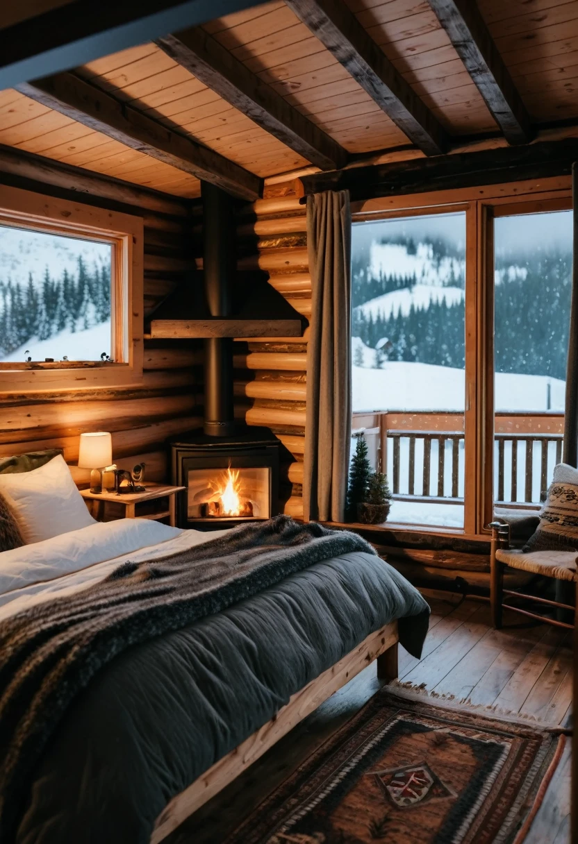 there is a bedroom with two beds and a fireplace in it, cozy place, cozy room, inside of a cabin, cozy and calm, in a cabin, cozy atmospheric, cosy atmoshpere, cozy and peaceful atmosphere, heavy winter aesthetics, very cozy, cosy vibes, cozy environment, cozy bed, cozy setting, soothing and cozy landscape, wood cabin in distance