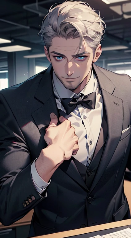 (best quality,4k,8k,highres,masterpiece:1.2),ultra-detailed,(realistic,photorealistic,photo-realistic:1.37),1 man,31 years old,mature man,very handsome,without expression,smile,short grey hair,blue eyes,penetrating gaze,perfect face without errors,imposing posture,businessman,office background,cinematic lighting,hdr image