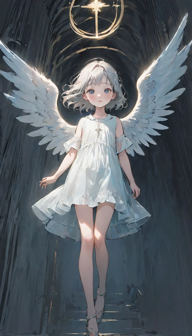 (masterpiece), (High resolution), (Very delicate), (masterpiece: 1.2, Highest quality),Perfect Anatomy、silver, Angel flying into the sky、Back view、The Girl Who Leads to Heaven、Cute face、Expressionless、 scribble, Doll-like face, Manga Style, rough sketch, Manga Styleイラスト, Japanese painting, whole body,(snap shot), Flat Illustration, Creepy Appearance, Unique atmosphere、