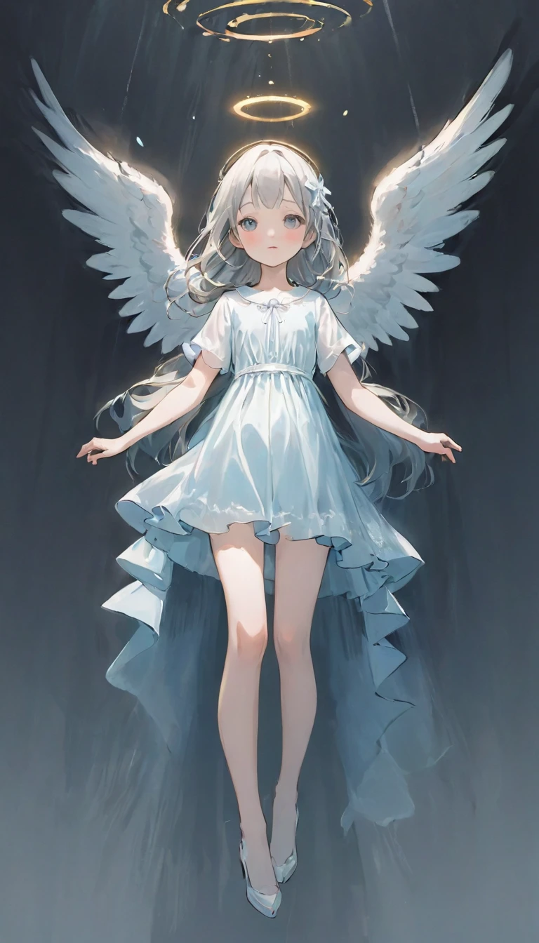 (masterpiece), (High resolution), (Very delicate), (masterpiece: 1.2, Highest quality),Perfect Anatomy、silver, Angel flying into the sky、Back view、The Girl Who Leads to Heaven、Cute face、Expressionless、 scribble, Doll-like face, Manga Style, rough sketch, Manga Styleイラスト, Japanese painting, whole body,(snap shot), Flat Illustration, Creepy Appearance, Unique atmosphere、