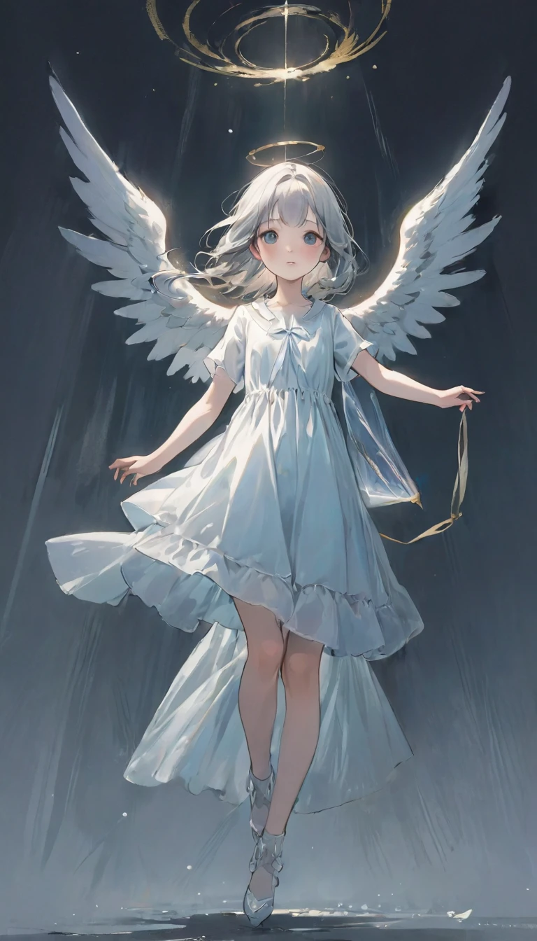 (masterpiece), (High resolution), (Very delicate), (masterpiece: 1.2, Highest quality),Perfect Anatomy、silver, Angel flying into the sky、Back view、The Girl Who Leads to Heaven、Cute face、Expressionless、 scribble, Doll-like face, Manga Style, rough sketch, Manga Styleイラスト, Japanese painting, whole body,(snap shot), Flat Illustration, Creepy Appearance, Unique atmosphere、