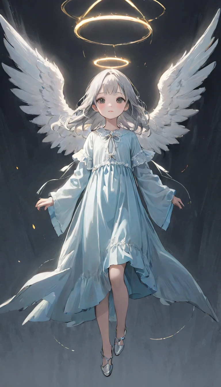 (masterpiece), (High resolution), (Very delicate), (masterpiece: 1.2, Highest quality),Perfect Anatomy、silver, Angel flying into the sky、Back view、The Girl Who Leads to Heaven、Cute face、Expressionless、 scribble, Doll-like face, Manga Style, rough sketch, Manga Styleイラスト, Japanese painting, whole body,(snap shot), Flat Illustration, Creepy Appearance, Unique atmosphere、