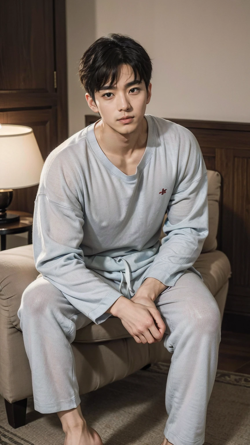 The captivating images show handsome Korean men, 32 years old、 He is barefoot and in his loungewear、Sitting on a chair in the living room, Attention to detail, This realistic portrait embodies the National Geographic style., Capture every nuance of skin texture with 8K resolution. His features stand out with pure clarity, From deep-set eyes to a chiseled jawline, Make this image a true masterpiece. life, Highest quality, 8K Ultra HD+, Leica digital SLR camera