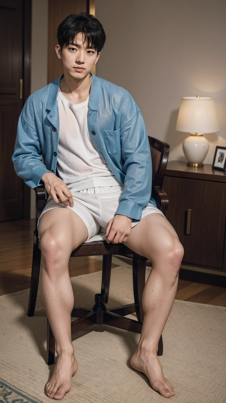 The captivating images show handsome Korean men, 32 years old、 He is barefoot and in his loungewear、Sitting on a chair in the living room, Attention to detail, This realistic portrait embodies the National Geographic style., Capture every nuance of skin texture with 8K resolution. His features stand out with pure clarity, From deep-set eyes to a chiseled jawline, Make this image a true masterpiece. life, Highest quality, 8K Ultra HD+, Leica digital SLR camera、Jeon Jungkook