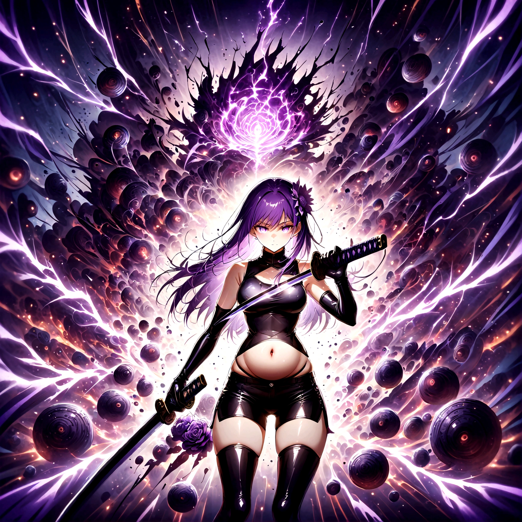 Anime girl with very long dark purple hair and a flower hair accessory wearing black short jeans with latex socks and a sport shoes wearing a cut shirt with no sleeves and half cut from below showing her belly with a black vest with short latex gloves purple glowing eyes holding a very long katana and in her other hand a very tall scabbard as she's surrendered with purple aura while giving a calm look on her face background city at night in Jujutsu Kaisen style while approaching a weird creature 